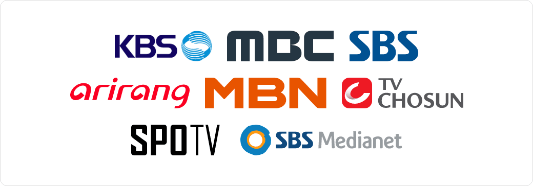 KBS, MBC, SBS, arirang, MBN, TV CHOSUN, SPOTV, SBS Medianet