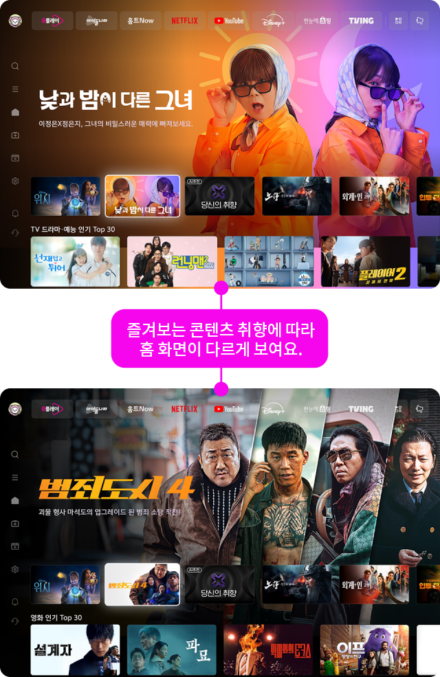 맞춤형 홈화면 소개 컷 즐겨보는 콘텐츠 취향에 따라 홈 화면이 다르게 보여요