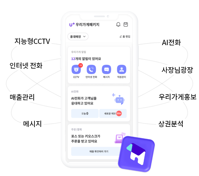 AI전화, 사장님광장, 우리가게 홍보, 상권분석, 메시지, 매출관리, 인터넷전화, 지능형 CCTV