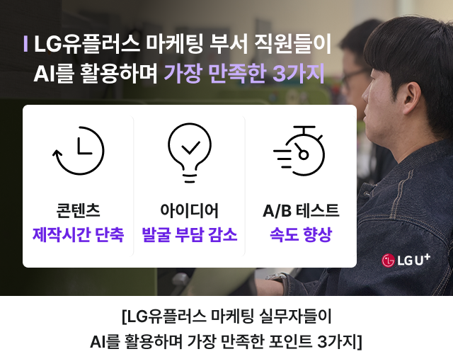 LG유플러스 마케팅팀의 AI 활용 효과 - LG유플러스 마케팅 부서 직원들이 AI를 활용하며 가장 만족한 3가지. 첫째, 콘텐츠 제작시간 단축. 둘째, 아이디어 발굴 부담 감소. 셋째, A/B 테스트 속도 향상 LG U+ [LG유플러스 마케팅 실무자들이 AI를 활용하며 가장 만족한 포인트 3가지]