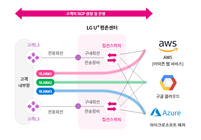 고객L3와 집선스위치(LG U+평촌센터) 사이에 전용회선과 구내회선을 구성하고 여러 개의 VLAN을 생성하여 각각 독립적인 CSP(AWS-아마존 웹 서비스, 구글 클라우드, 마이크로소프트 애저) connection을 제공, 고객이 BGP 설정 및 운영