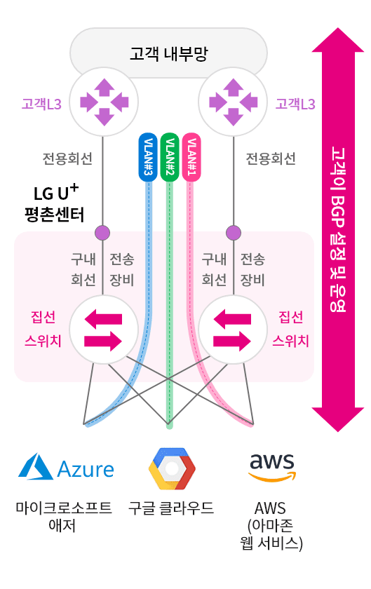 고객L3와 집선스위치(LG U+평촌센터) 사이에 전용회선과 구내회선을 구성하고 여러 개의 VLAN을 생성하여 각각 독립적인 CSP(AWS-아마존 웹 서비스, 구글 클라우드, 마이크로소프트 애저) connection을 제공, 고객이 BGP 설정 및 운영