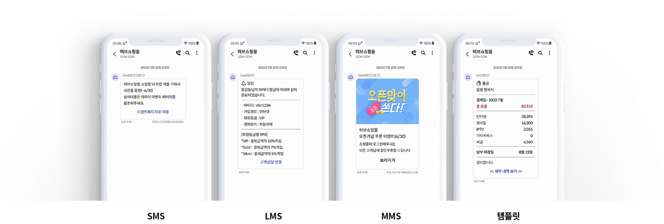 RCS는 SMS, LMS, MMS, 템플릿 전송이 가능합니다.