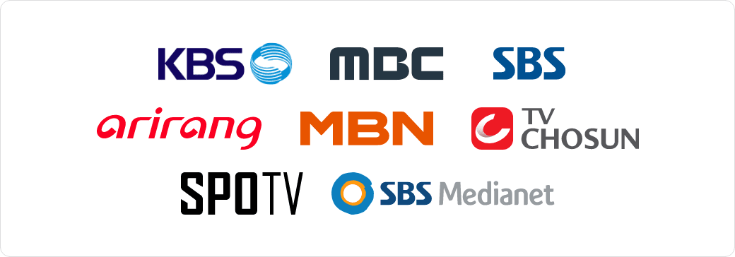 KBS, MBC, SBS, arirang, MBN, TV CHOSUN, SPOTV, SBS Medianet