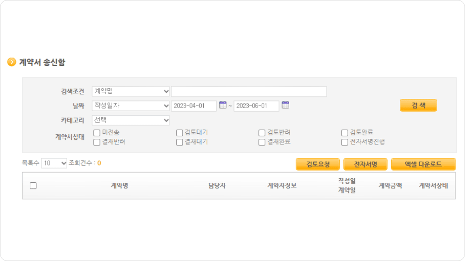 전자문서의 계약 진행사항 관리 화면