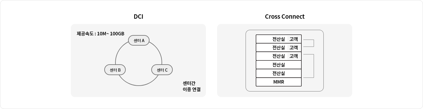 DCI는 서로 다른 U+ IDC에 있는 서버를 연결해 주는 네트워크 서비스로 10M~100G의 속도를 제공합니다. 일반 전용회선으로 연결하는 것 보다 저렴한 비용으로 빠르게 구성할 수 있습니다.
                  Cross-Connect는 같은 U+ IDC에 위치한 서버를 연결해 주는 구내회선 서비스입니다.
                  MMR(통신실)과 고객 서버를 연결하거나, 고객 서버간 연결을 제공합니다.