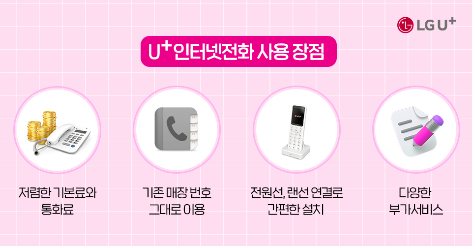 U+인터넷전화 사용 장점 : 저렴한 기본료와 통화료, 기존매장번호 그대로 사용, 전원선,랜선연결로 간편한 설치, 다양한 부가서비스