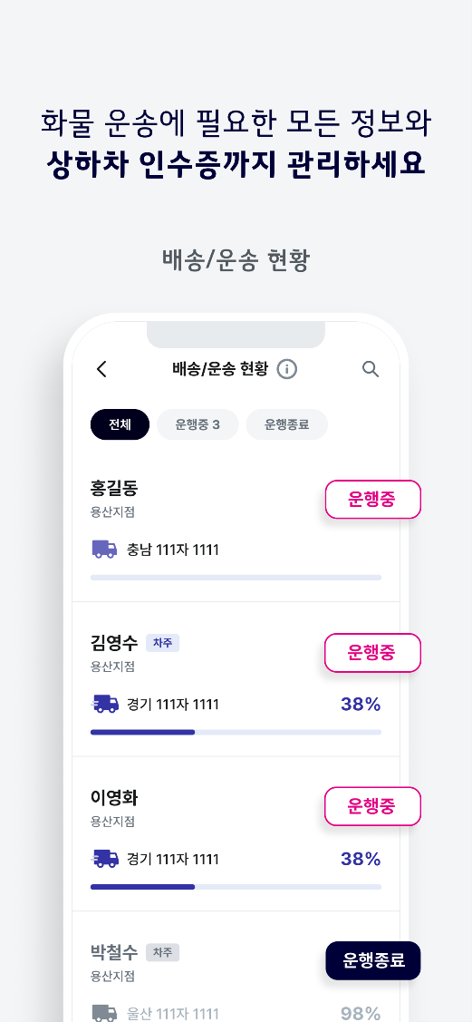 배송/운송현현황: 화물 운송에 필요한 모든 정보와 상하차 인수증까지 관리하세요