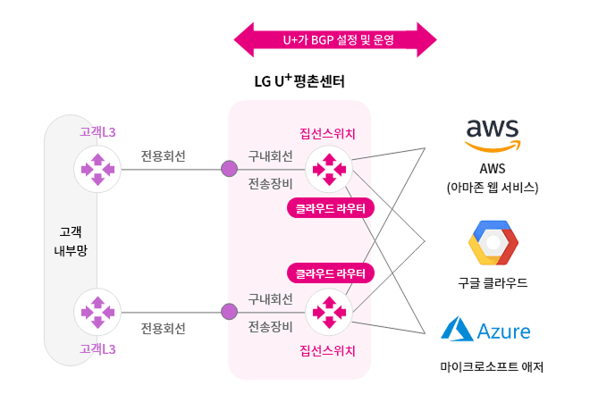 고객L3와 집선스위치(LG U+평촌센터) 사이에 전용회선과 구내회선을 구성하고 집선스위치에 고객용 클라우드 라우터를 가상으로 생성하여(가상 L3) CSP(AWS-아마존 웹 서비스, 구글 클라우드, 마이크로소프트 애저) Connetrion을 제공, 이 때 BGP 설정과 운영은 U+에서 대행