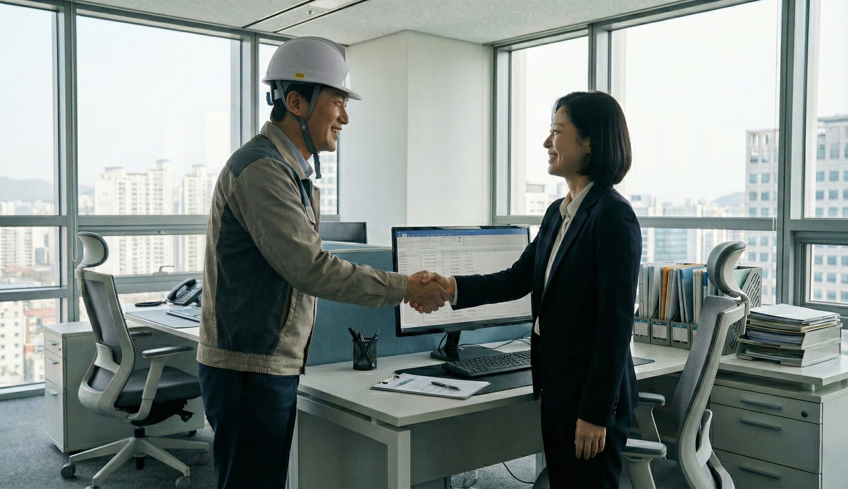 현장 관리자와 인사 담당자가 고민을 해결한 후 만족스러운 표정으로 서로 악수하며 신뢰를 확인하는 모습