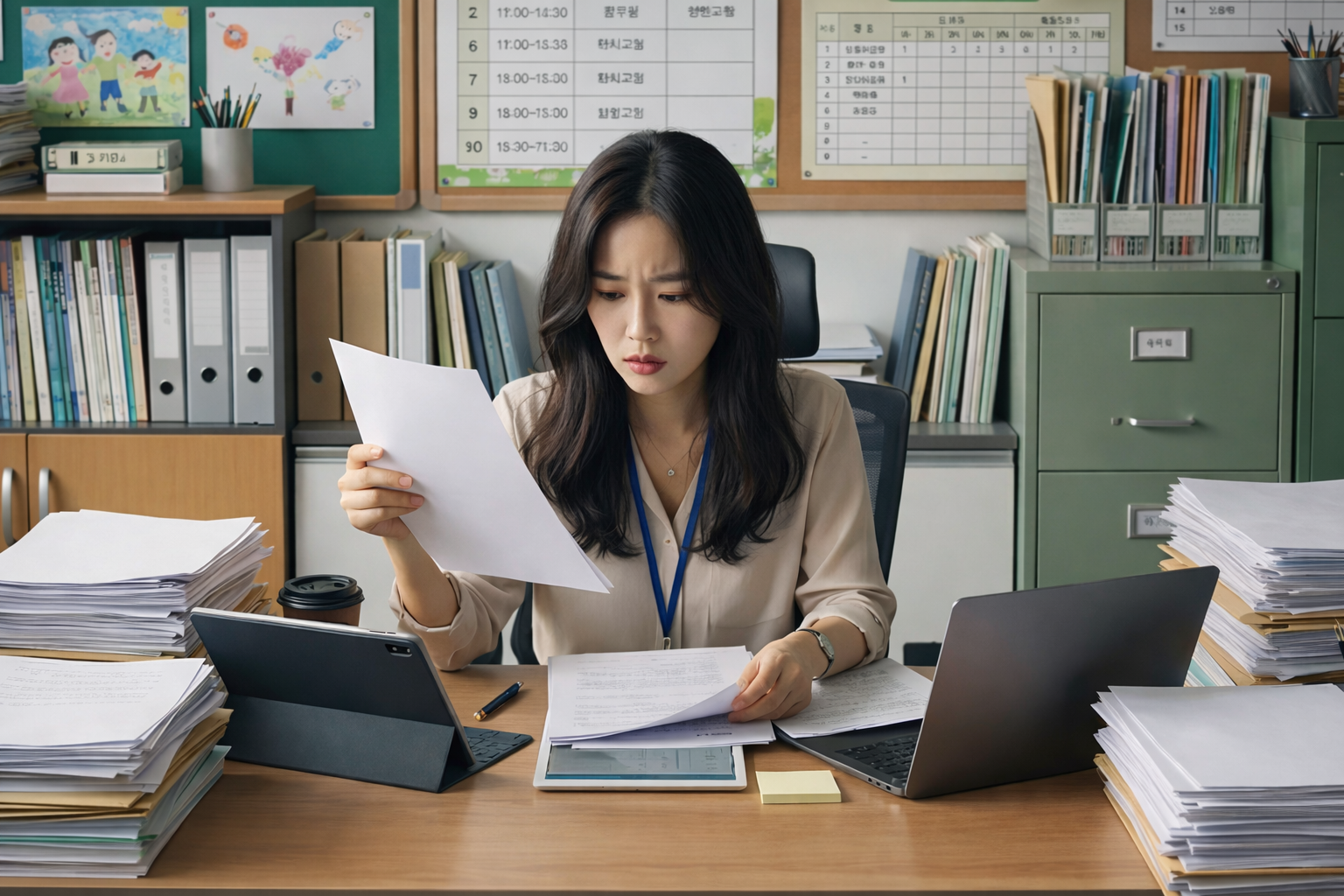 생활기록부를 정리하며 난감해하는 여교사