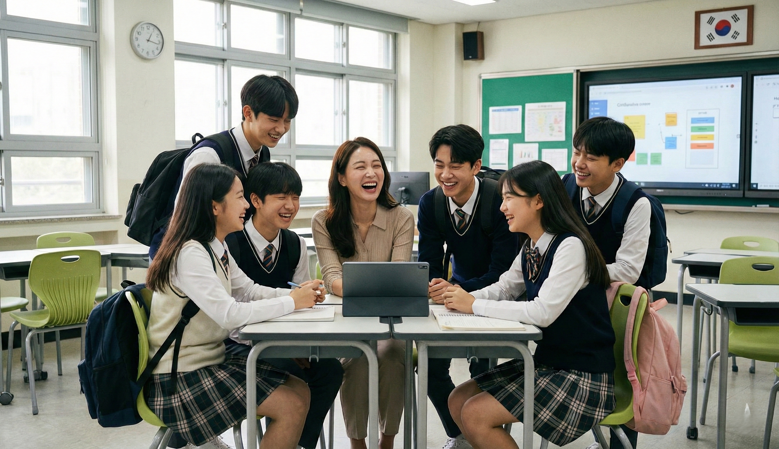 선생님이 학생들과 즐거운 표정으로 웃고 있는 학급 모습