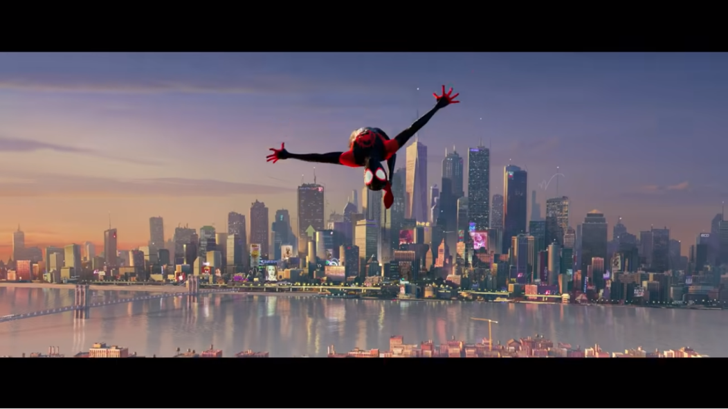 스파이더맨 뉴 유니버스 ost 포스트 말론 뮤직비디오의 한 장면. 스파이더맨이 공중제비를 돌고 있다