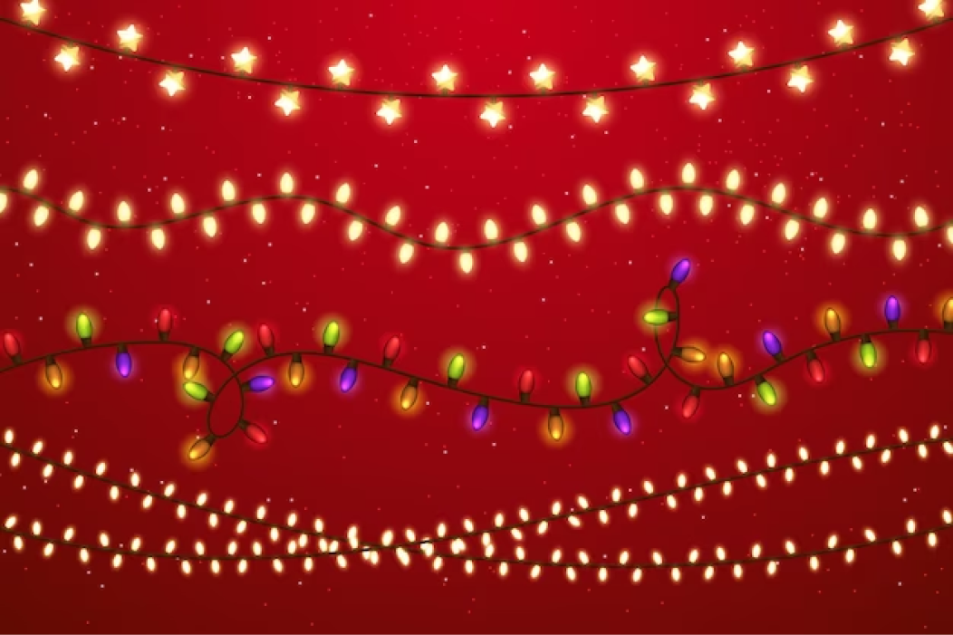 빨간 배경에 크리스마스 분위기의 전구.