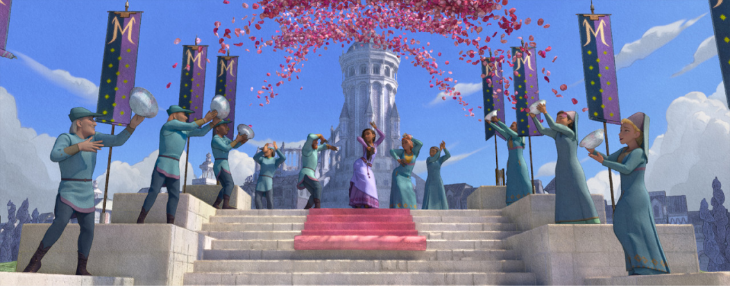 디즈니 100주년 기념 영화 위시 스틸컷. 아샤와 사람들이 꽃가루를 날리며 춤추고 있다