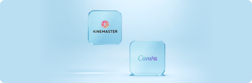 Kinemaster, Canva 로고가 각각 투명한 입체 큐브 안에 배치된 AI 서비스 소개 이미지
