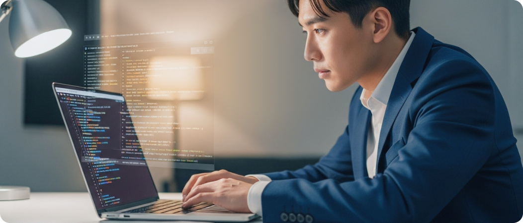노트북 화면에 코드가 표시된 상태로 개발 작업 중인 남성 프로그래머의 모습
