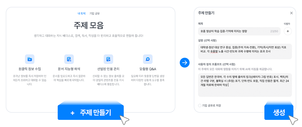 '주제만들기' 기능 화면으로 글 작성 유형 선택과 주제 입력 후 콘텐츠를 생성하는 과정을 보여줍니다.