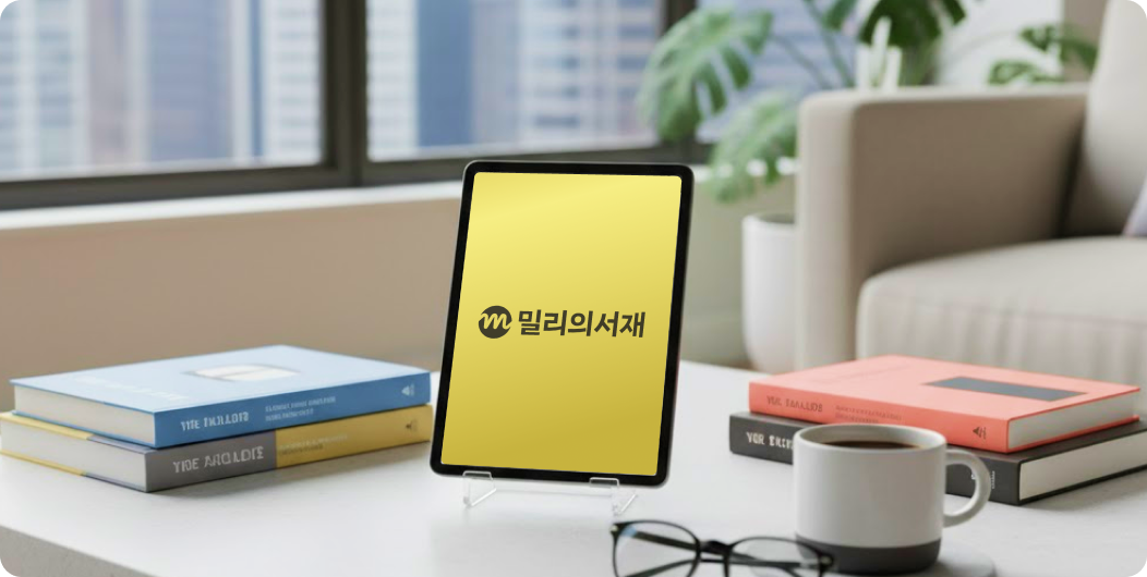 '테이블 위에 놓인 태블릿 화면에 ‘밀리의 서재’ 로고가 보이며 주변에 책과 커피잔이 있는 이미지입니다.