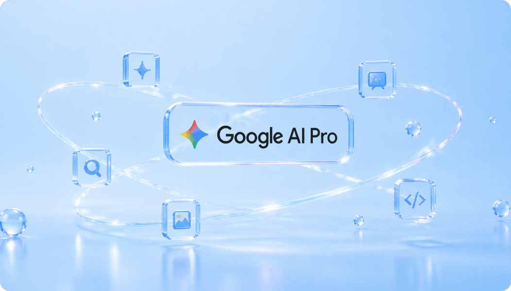 
          Google AI Pro 로고를 중심으로 AI의 주요 기능을 상징하는 아이콘들이 주변을 감싸고 있는 그래픽 이미지